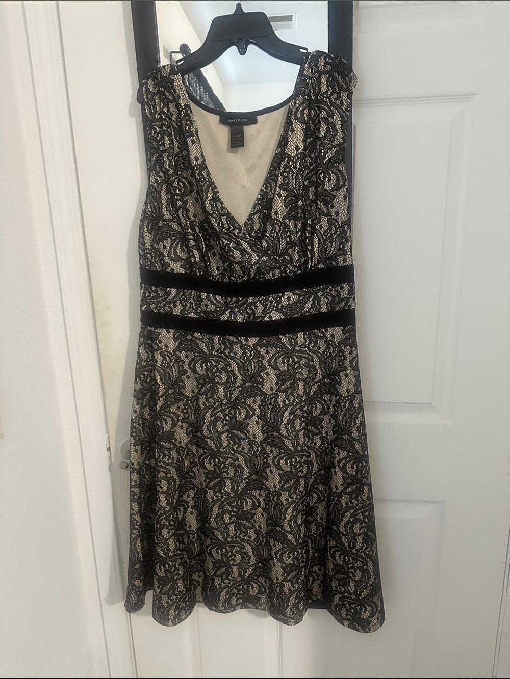 Ashley Stewart Black Lace Overlay Midi Dress with Nude Lining